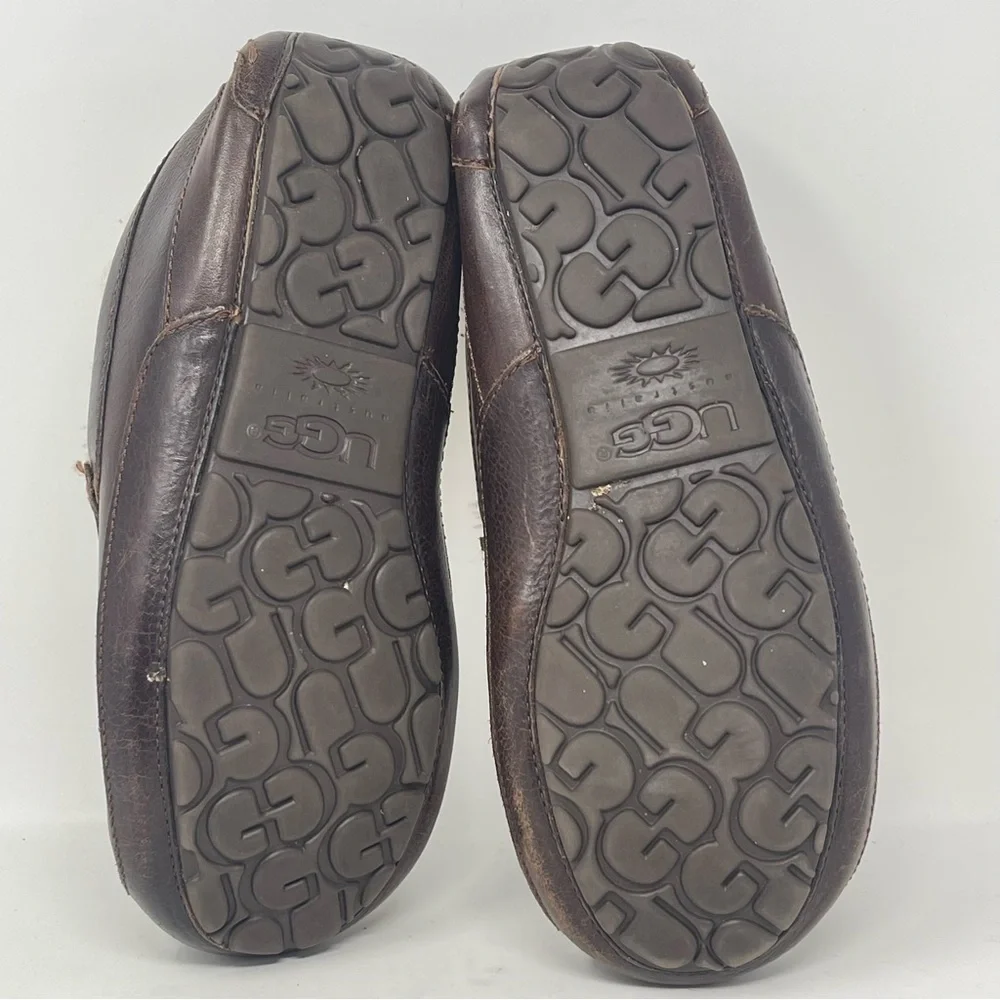 UGG Ascot Slippers Mens 8 Brown Leather Sheepskin Slip On Fur Lined Moccasion